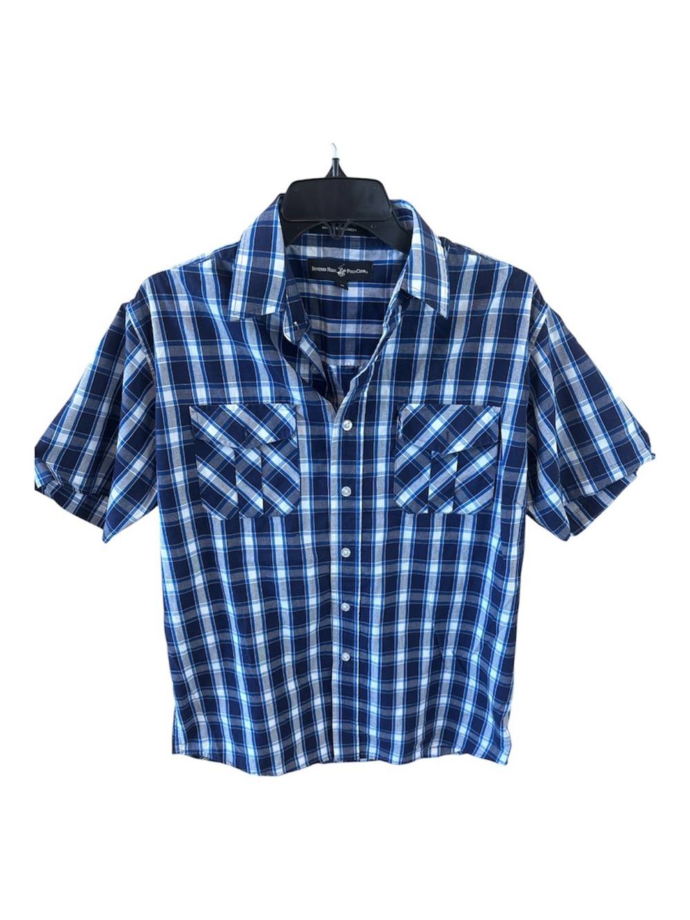 Beverly Hills Polo Club Navy & Light Blue Plaid Short Sleeve Button-Down Shirt